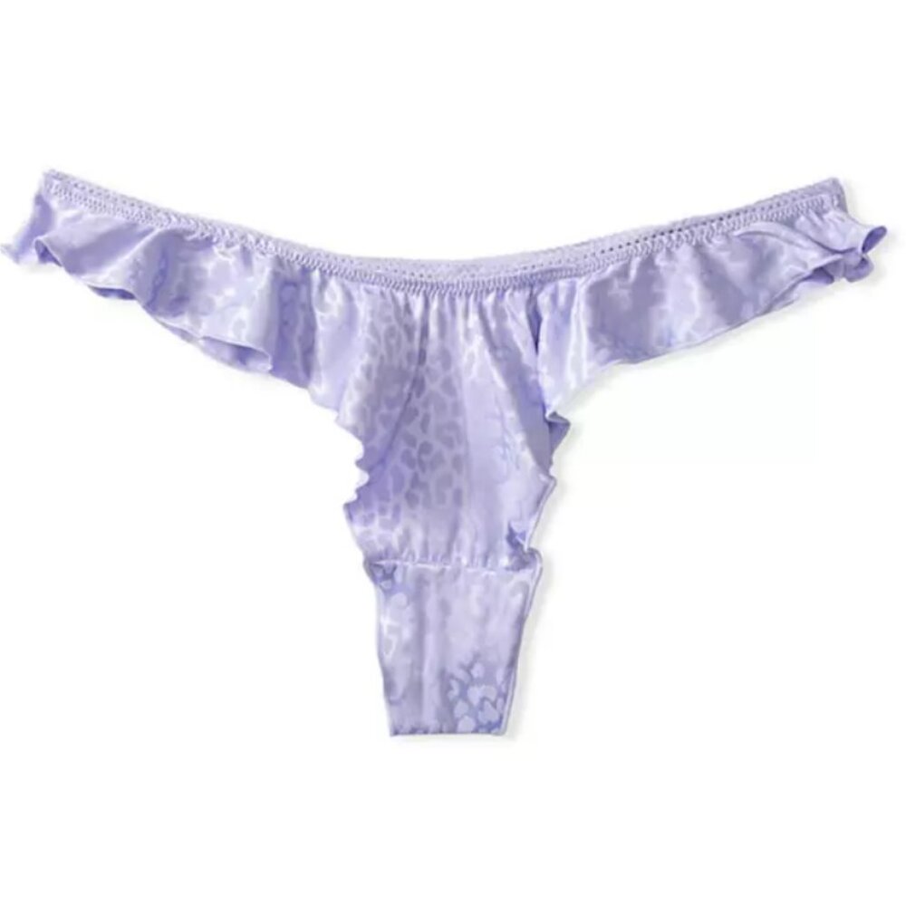 ICY LAVENDER Victorias Secret Satin Ruffle High Leg THONG Animal French Cut RARE